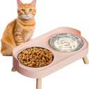 Elevated Cat Bowl, Raised Cat Food and Water Bowl Set for Indoor Cats, Splash Proof with 2 Stainless Steel Pet Food Bowls for Cats and Puppies, Whisker Fatigue and Dishwasher Safe - Pink