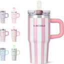 DLOCCOLD 16 oz Stainless Steel Tumbler with Lid and Straw, Double Wall Vacuum Insulated Travel Tumbler with Straw Cover Cap, Cupholder Friendly, Leak Resistant, Reusable Travel Coffee Mug (Pink Stripes)