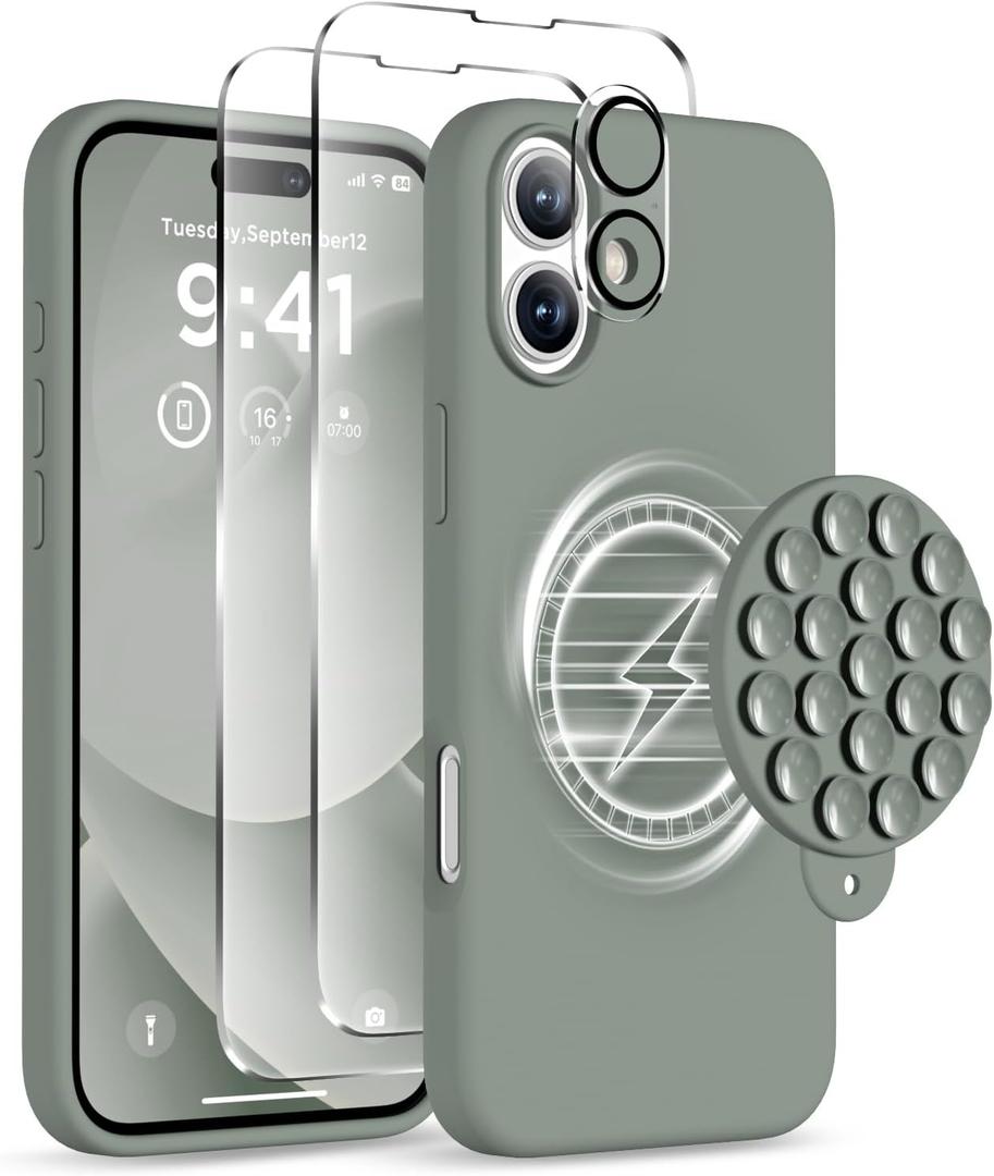 Magnetic for iPhone 16 Case, Compatible with Magsafe, Suction Cup Phone Mount, [2 Screen Protectors][Camera Lens Protector] Silicone Shockproof Protective Slim Phone Cover 6.1", Calke Green