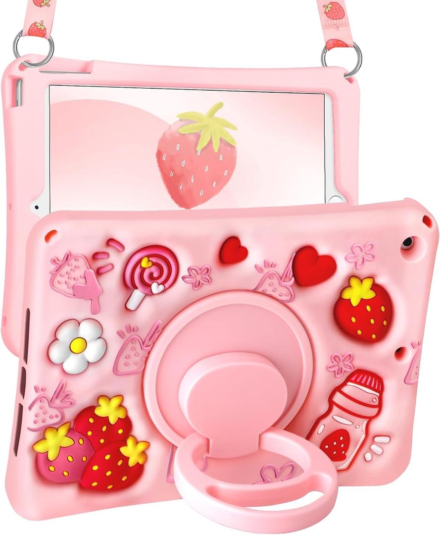 Boaretiu for iPad 9th/8th/7th Generation 10.2 Inch Case (2021/2020/2019) - Soft Silicone Cute Cartoon with Shoulder Strap & Rotating Stand Kawaii for Women Girls Girly Teens Cover, Strawberry
