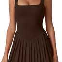 QINSEN Womens Square Neck Tennis Dress Pleated Sleeveless Built in Shorts Golf Athletic Dress with Pockets (X-Small, Chestnut)