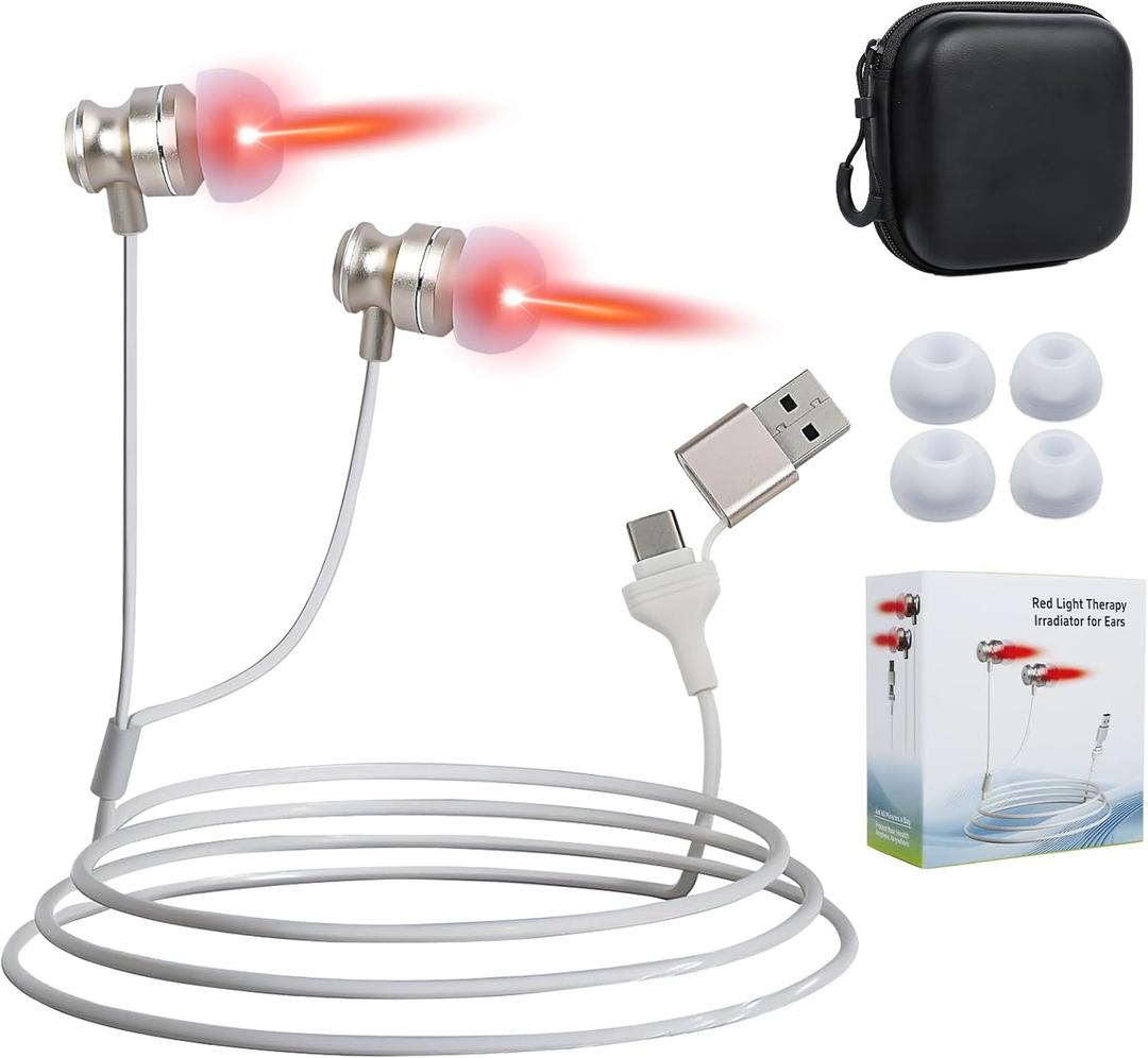 Red Light Therapy for Ears, 650nm LED Plug-in Ear Care Device, Portable USB/Type-C Dual-Power Red Light Therapy with Travel Storage Box, Gentle at-Home Ear Health Support