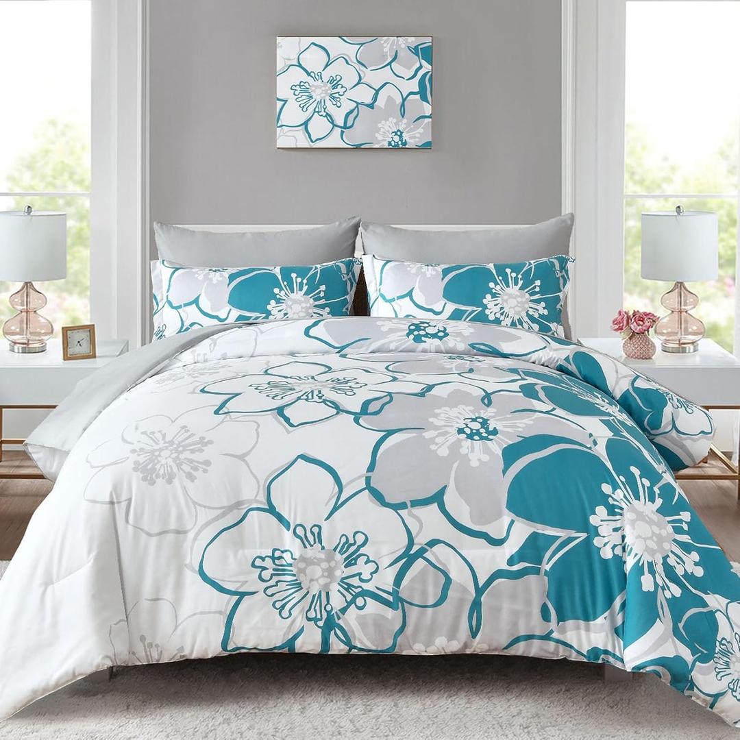 Anibedding Teal Floral Comforter Set Full Size 7 Piece, Teal Blue Flower Bed in a Bag, Elegant Botanical Floral Comforter Soft Microfiber Complete Bedding Set for All Season, (Teal, 78"x90")
