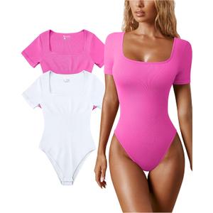 OQQ Women's 2 Piece Bodysuits Sexy Ribbed One Piece Square Neck Short Sleeve Bodysuits, Size: S