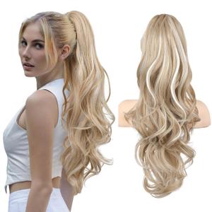 FLUFYMOOZ 26" Ponytail Extension, Long Wavy Curly Claw Clip in Ponytail Hair Extensions, Natural Synthetic Hairpiece for Women Daily Wear(Blonde with White Blonde Highlights)