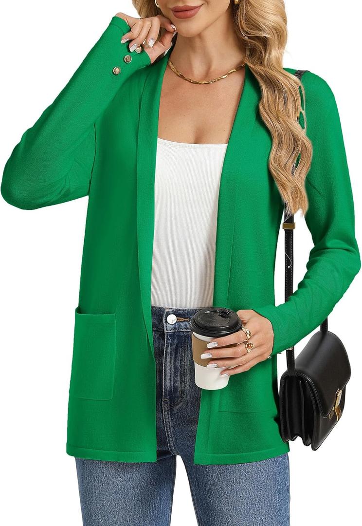 GRACE KARIN Long Cardigans for Women, Long Sleeve Open Front Cardigan Sweaters, Lightweight Spring Jacket with Pockets (X-Large, Bright Green)