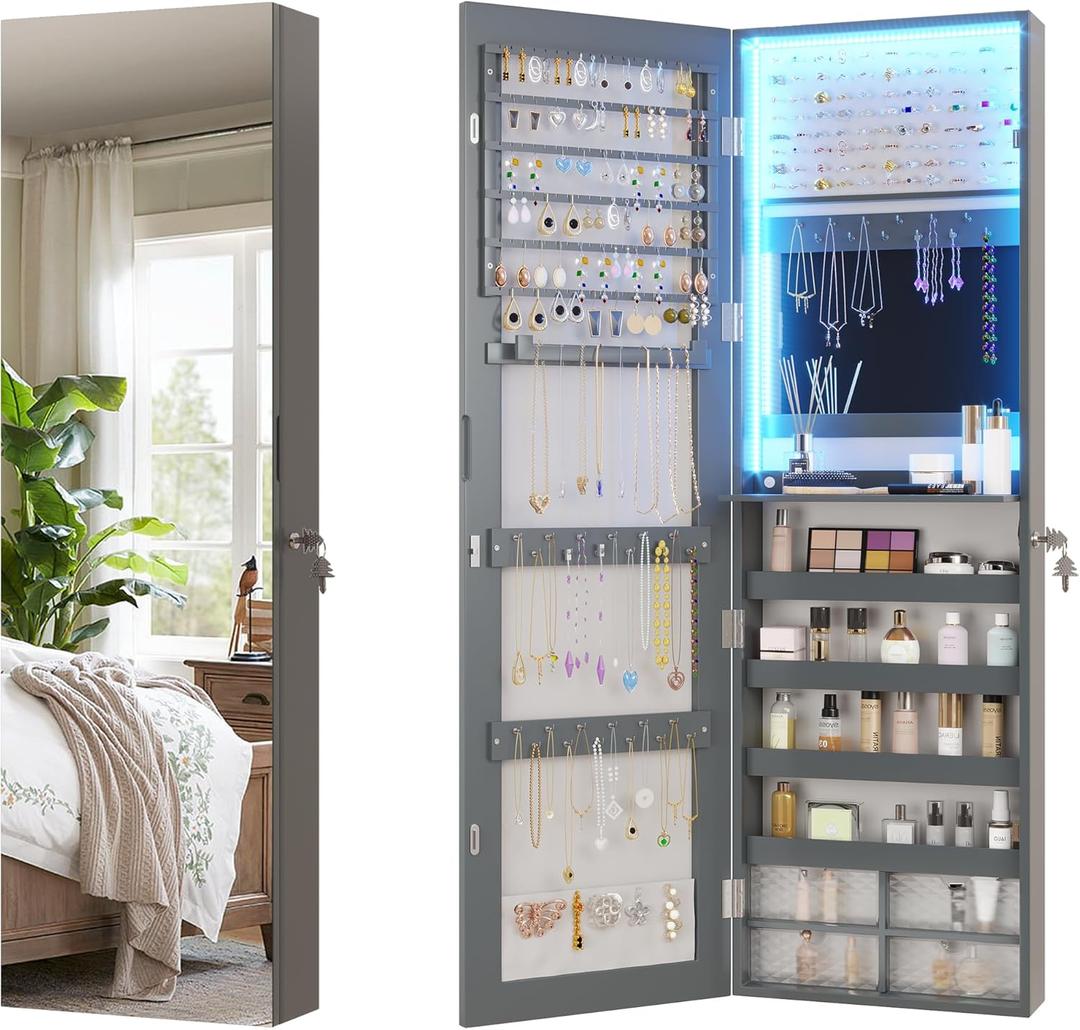 Vlsrka 47.2" LED Grey Jewelry Mirror Cabinet, Wall/Door Mounted Jewelry Armoire Organizer with Full-Length Mirror, Large Capacity Storage Hanging Cabinet, 4 Drawers, 5 Shelves, Built-in Lighted Mirror