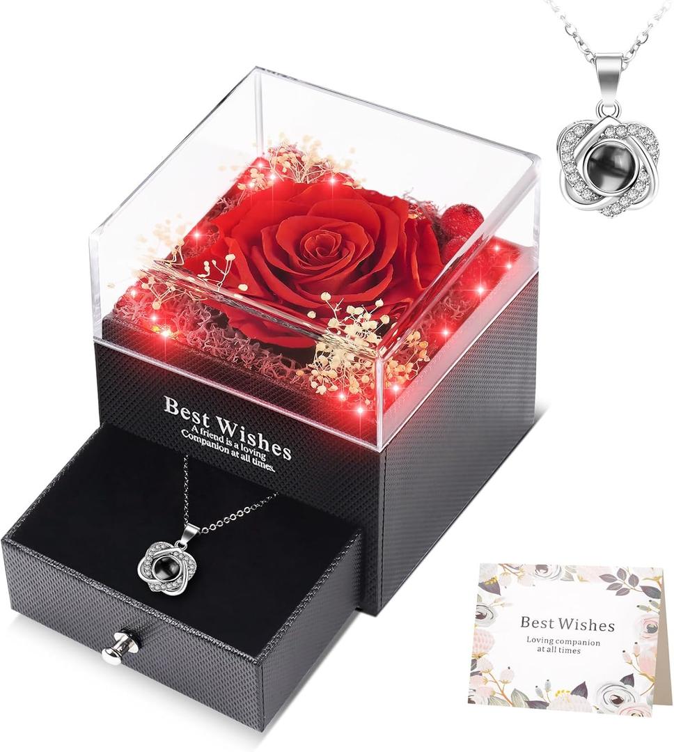 WOKEISE Lighted Preserved Real Rose with I Love You Heart Necklace, Gifts for Christmas Day, Mothers Day Anniversary Birthday Flowers Gifts for Women Girlfriend Wife Mom Grandma - Red