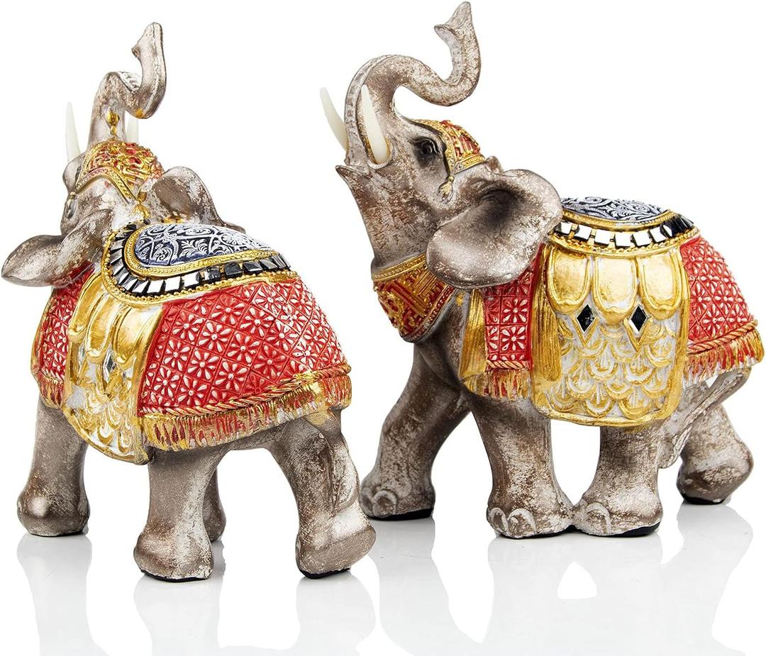 Wealth Lucky Elephant Figurine with Trunk Up Elephant Statue Collectible Figurines Perfect for Home Decor Gift (Golden&red)