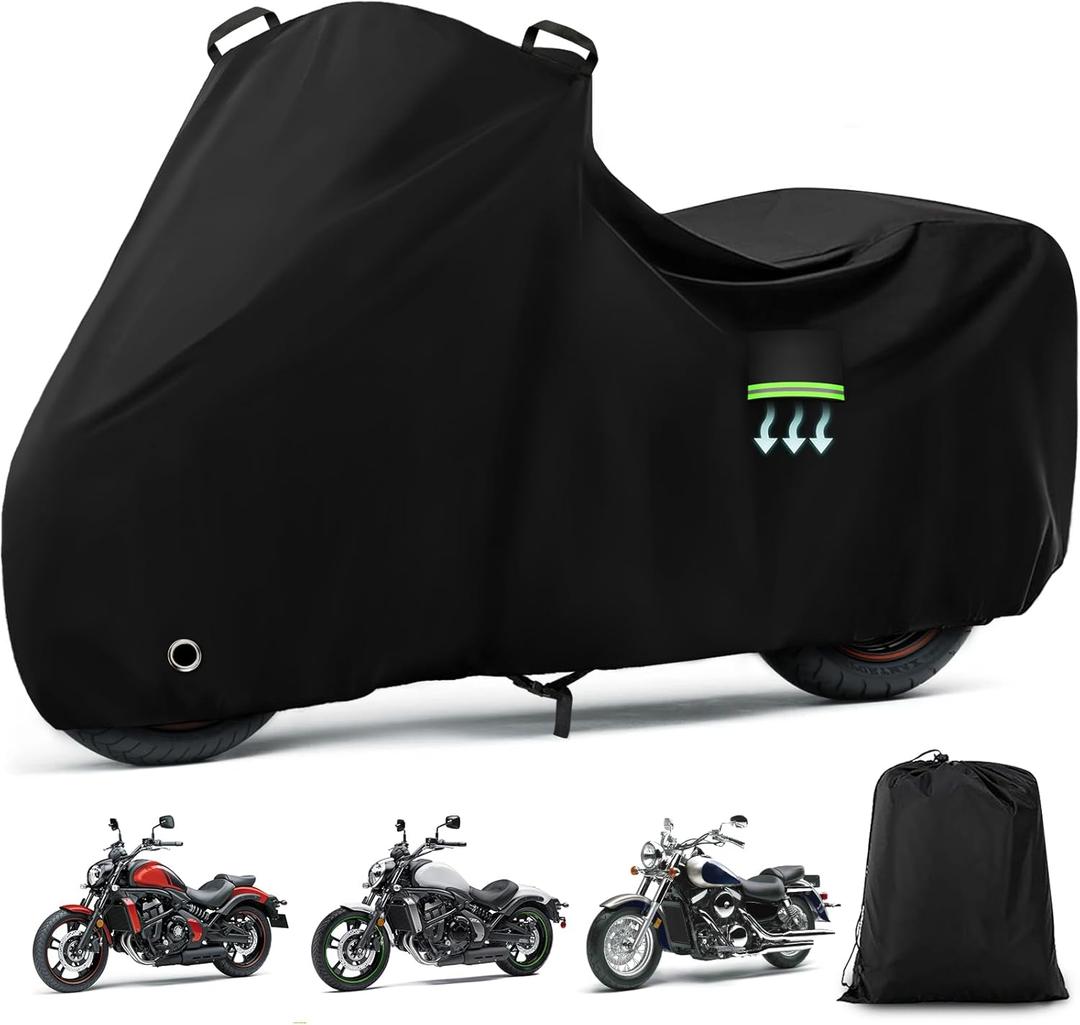 Motorcycle Cover Waterproof for Kawasaki Vulcan S 650/900/1500, Heavy Duty Outdoor Sun UV Rain Dust All Weather Protection Motorbike Cover with Soft Cotton Lining & Lock Hole-Black