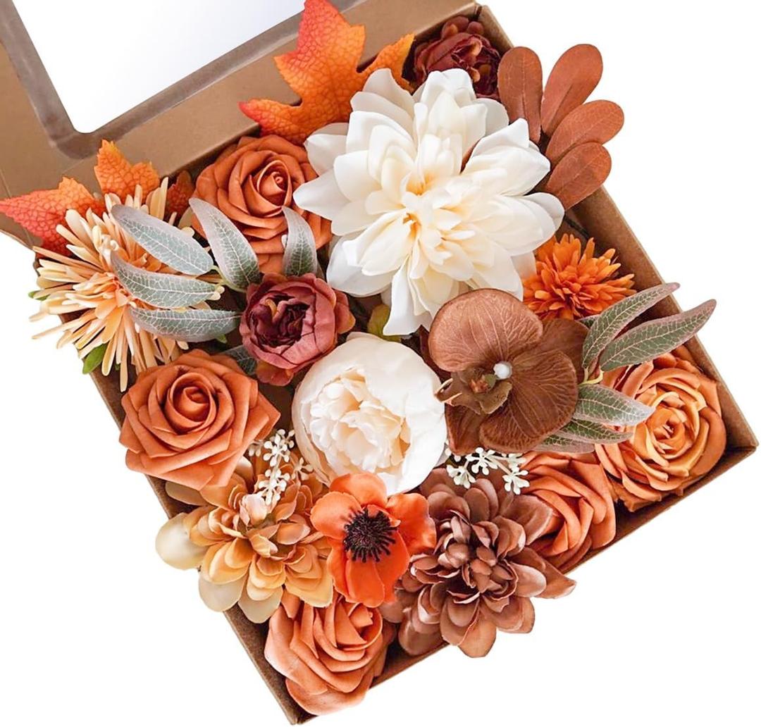 AKKER Terracotta Artificial Wedding Flowers Combo Box Set Burnt Orange Flowers Fall Silk Flower in Bulk for DIY Wedding Bouquets Decorations