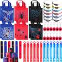 Foilswirl 60 Pcs Spider Party Favors Include Spider Sunglasses, Web Gift Tote Bags, Slap Wristbands, Silicone Keychains, and Blue Red Star Bubble Wands for Birthday Comic Hero Party Decoration