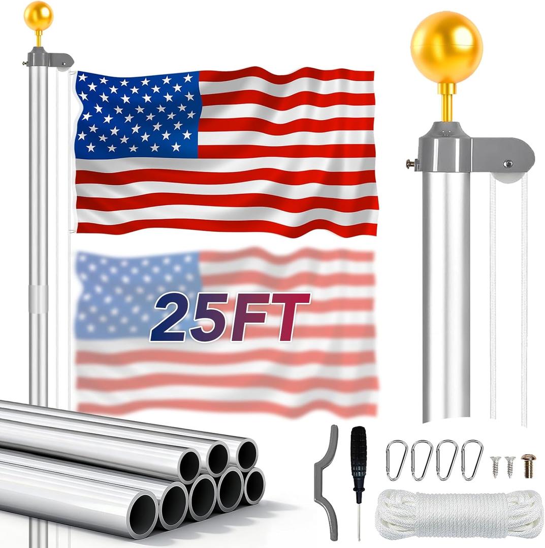 25FT Heavy Duty Flagpole Kit - 2 Inch Diameter Aluminum Flag Pole, 1.5mm Thick Wall, Complete Set with Polyester Flag & Ground Sleeve, for Yard, House, Commercial Outdoor Use (Silver)