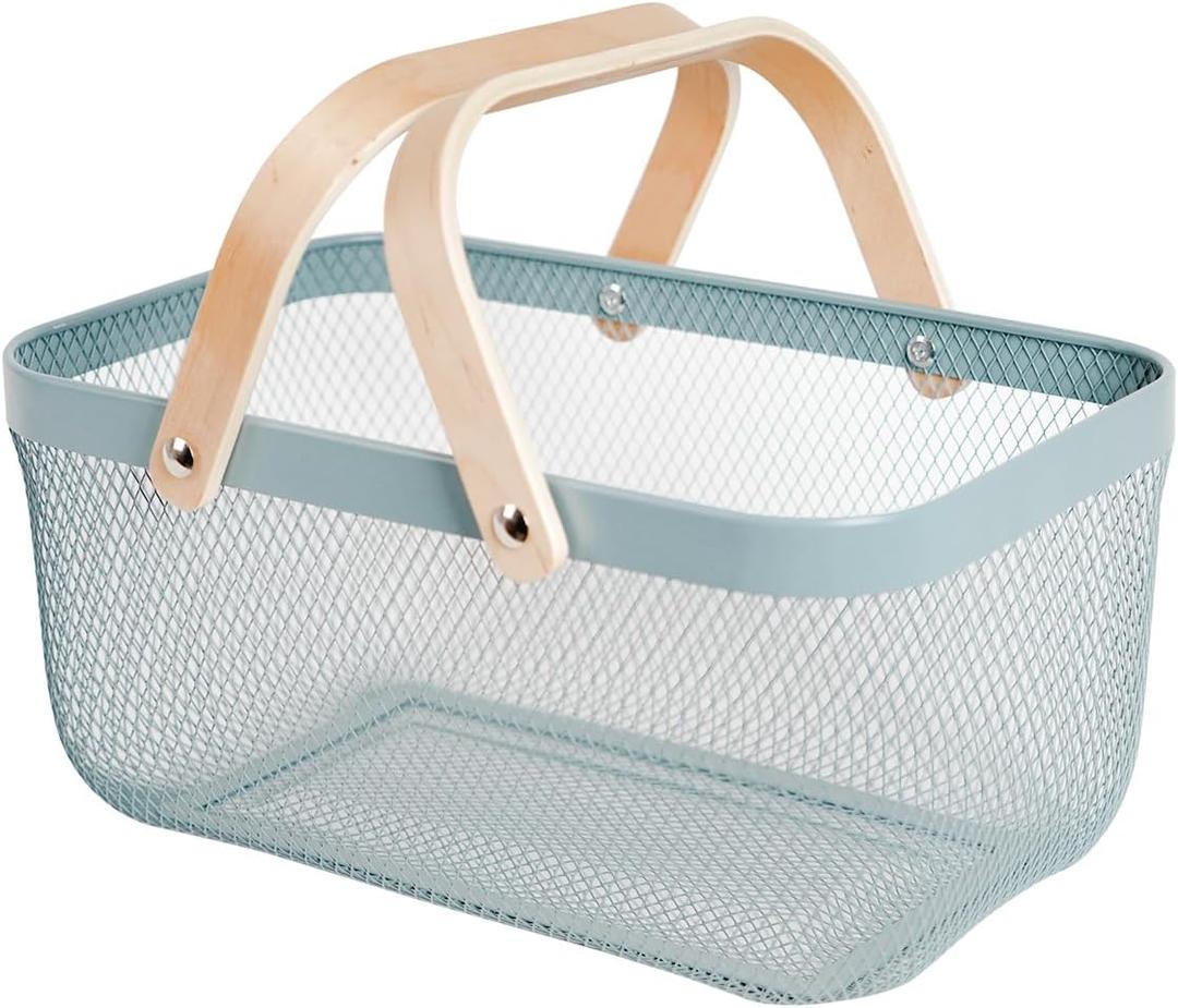Metal Mesh Steel Harvest Basket, Rectangle Wire Garden Basket with Handle Multi-Functional Storage Organizer for Gathering Vegetables, Fruits, Kitchen, Garden, Picnic & Cabinet (Blue)