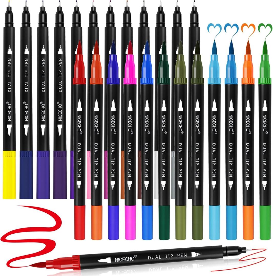 Nicecho 24 Colors Dual Tip Art Markers Pens for Adult Coloring Books, Brush and Fineliner Tip Art Suppliers for Journaling Note Taking Lettering