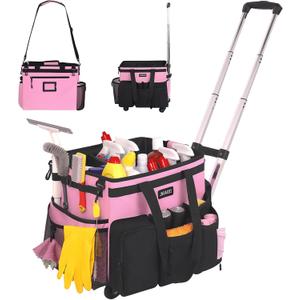 Large Rolling Cleaning Caddy Bag with Detachable Trolley, Waterproof Cleaning Caddy on Wheels for Housekeepers, Cleaning Cart Supplies Organizer for Home,Car,Office,Picnic (Pink) (in Patent) (16"L *11.8"W *13"H)