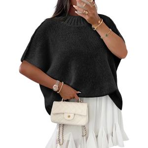 Saodimallsu Womens Oversized Sweater Tops Summer Lightweight Batwing Half Sleeve Casual Loose Knit Pullover Shirts (Small, Black)