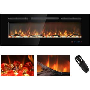 48 inches Electric Fireplace Inserts, Recessed and Wall Mounted Fireplace Heater, Linear Fireplace w/Thermostat, Remote & Touch Screen, Multicolor Flame, Timer, Log & Crystal, 750W/1500W (Black)