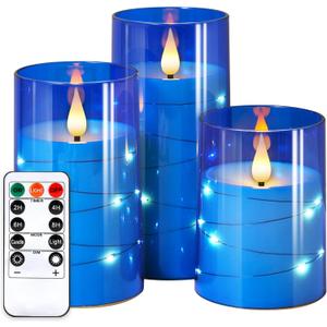NURADA Flickering Flameless Candles: 3D Wick Built-in Star String Lights Acrylic Unbreakable Battery Operated LED Pillar Candles with Remote and Timer - 3 Pack for Wedding Valentine's Day Decor