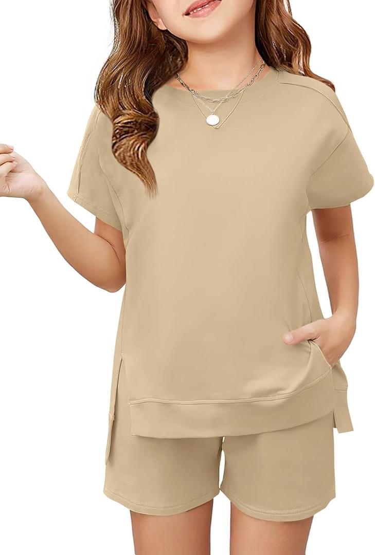 Haloumoning Girls 2 Piece Summer Outfits Kids Short Sleeve T-Shirts and Elastic Waist Shorts Clothing Sets (13-14 Years, Khaki)