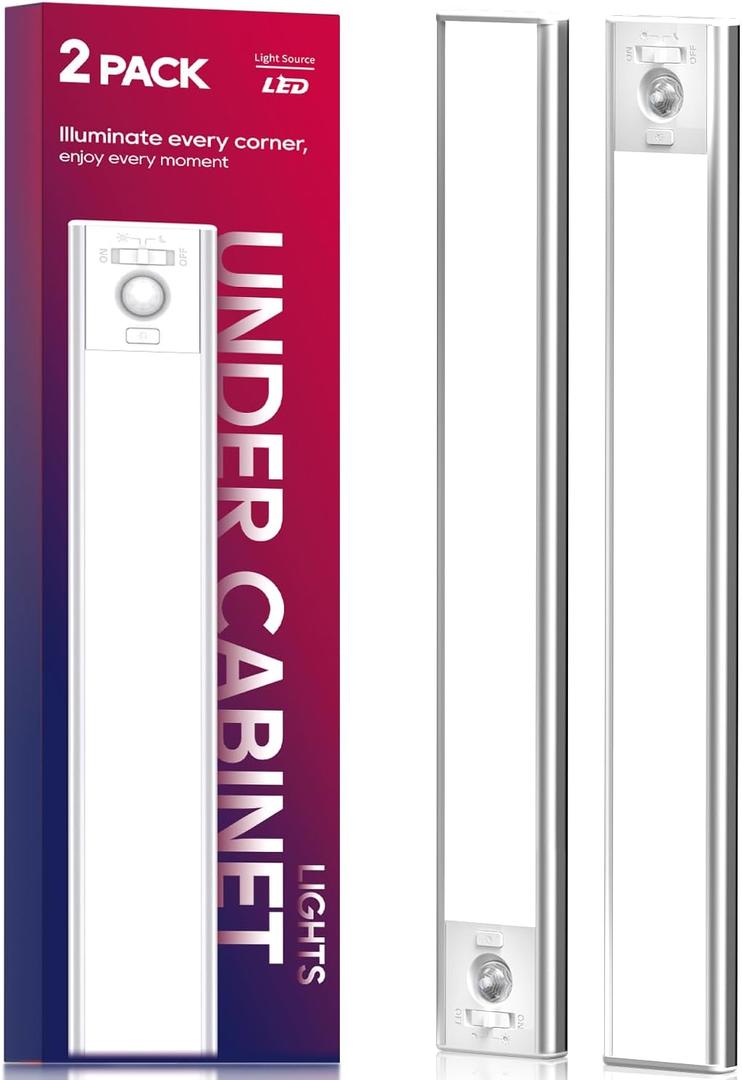 Under Cabinet Lighting, 3200mAh Rechargeable Motion Sensor Light Indoor, LED Battery Operated Cabinet Lights, Dimmable Closet Light, Wireless Under Counter Lights for Kitchen (2pack) (13 inch)