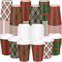 Yungyan 60 Sets Christmas Disposable Coffee Cups with Lids 12 oz Buffalo Plaid Paper Cups Xmas Hot Cocoa To-go Coffee Mug for Hot Cold Drinks Chocolate Tea Beverage Christmas Party Supplies