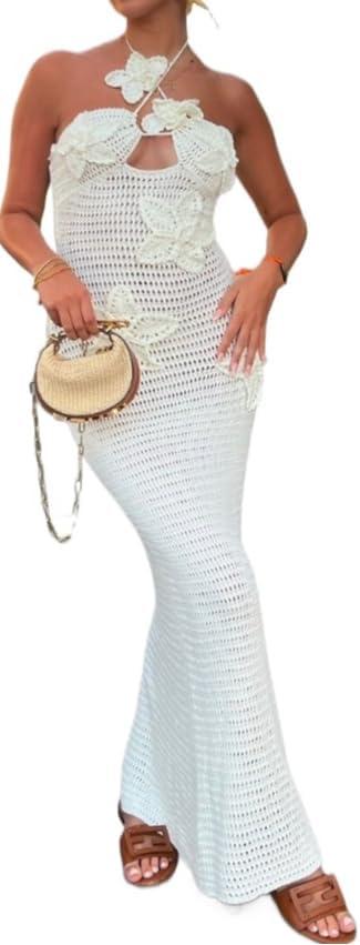 LOUSEA Women's Crochet Flower Coverup Dress Open Back Beach Swimsuit Cover Ups See Through Knit Dress (White) S