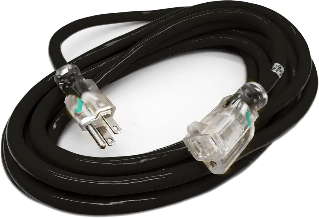 15 ft Outdoor Extension Cord Waterproof - 12 Gauge Heavy Duty Extension Cord - Lighted Outdoor Extension Cords - Watts Wire - 15' Grounded - extensiones electricas (Black)