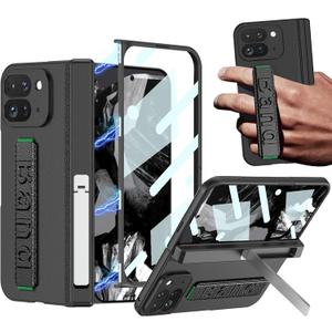 for Google Pixel 9 Pro Fold Case with Wrist Strap, Full Coverage Hand Strap Case with Kickstand Screen Protector Hinge Protection Stand Protective Cover for Google Pixel 9 Pro Fold Black