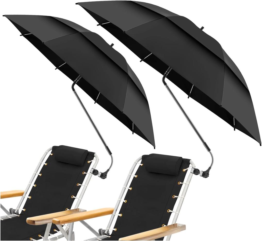 2 Pack 48.6" Double Canopy Umbrella with Clamp, UPF50+ Beach Chair Umbrella with Clip, 360Adjustable Portable Outdoor Wheelchair, Patio, Golf Carts,CampingBlack