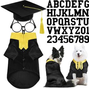 Huhumy 5 Pcs Dog Graduation Costume Set Include 2026 Pet Graduation Gown with Stole Puppy Grad Cap Lensless Glasses DIY Letter Stickers for Dogs Cats Holiday Costume Accessory(Black Yellow,XL)