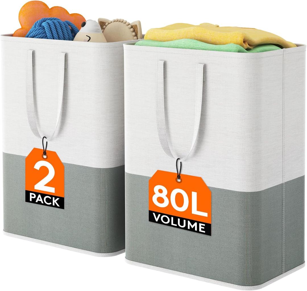 Lifewit 2 x 80L Laundry Hamper, Freestanding Laundry Basket with Handles, Waterproof Tall Collapsible Clothes Hamper for Laundry Dorm Bedroom Bathroom, Dark-Light