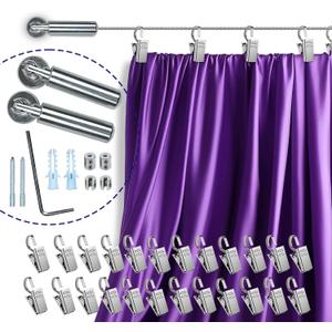 UrbanRed 16.4 FT (5m) Adjustable Indoor Outdoor Wire Curtain Rod Room Divider Hanging System with 24 Clips Wire Hanging System, Clothesline Clothes Hanger Kids Craft Art Decoration on Walls