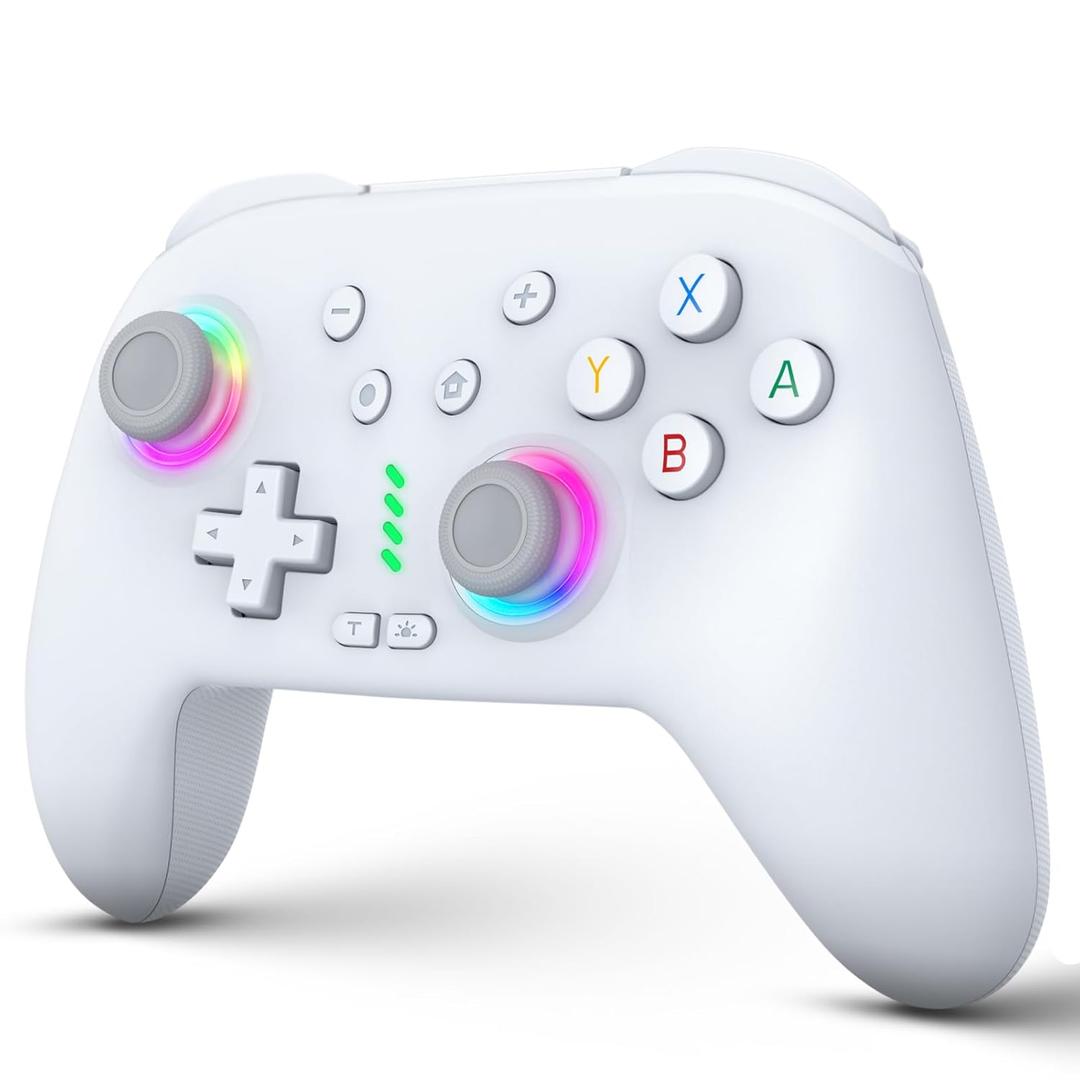 ZRZLMVP Switch Controllers for Nintendo Switch/OLED/Lite/Switch 2, 1000mAh Rechargeable Wireless Pro Controller with 9 Colors LED Light, Switch Remote Control Gamepad with Wake Up, Turbo, Vibration, White