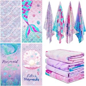 Newwiee 4 Pcs Beach Towels for Kids Bulk Microfiber Bath Towel for Girls Boys Quick Dry Pool Travel Swimming Bath Shower 28"x 59"(Purple,Mermaid Tail)