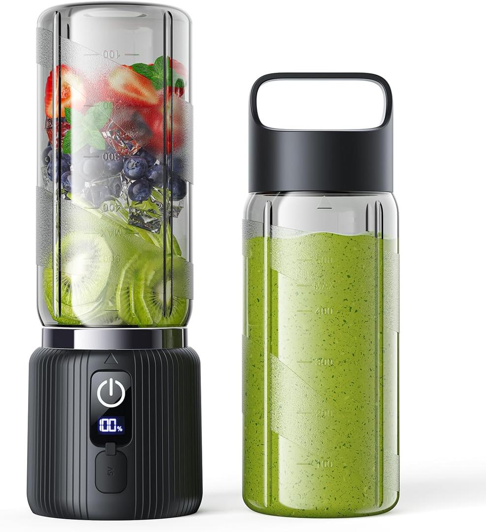 COKUNST Portable Blender, Small Smoothie & Shake Maker with 8 Blades, Compact Personal Blender with LED Display, USB C Rechargeable Juice Mixer with Extra Lid for Travel, Gym, Home, 17oz, Black