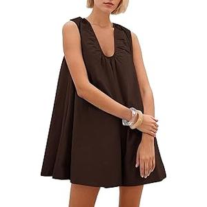 Women's Summer Babydoll Dress Scoop Neck Bubble Mini Dress with Pockets Sleeveless Flowy Tank Preppy Dresses Party, Medium