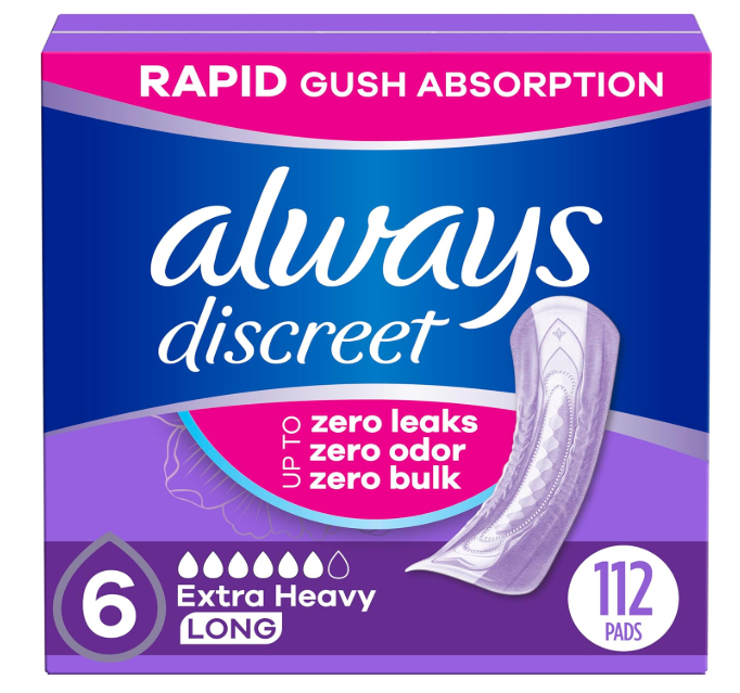Always Discreet Adult Incontinence Pads for Women, Extra Heavy Absorbency, Long Length, Postpartum Pads, 112 Count (4 Packs of 28)