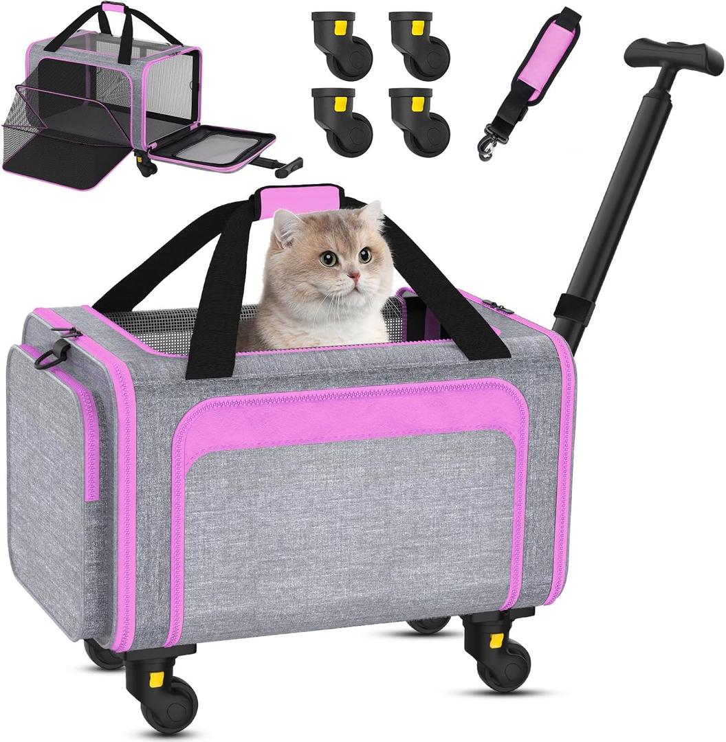 Rolling Pet Carrier with Detachable Wheels - 18x11x11 TSA Airline Approved for Southwest Delta United American, Soft Sided Expandable Travel Bag for Small Dogs & Cats up to 15Lbs, Fits Under Seat (Pink)