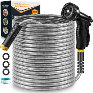 Garden Hose 50 ft, Stainless Steel Water Hose 50ft Heavy Duty with 10 Function Nozzle, Flexible No-Kink Metal Hose 50 Feet, Pet-Proof Water Pipe for Outside Yard
