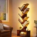 Evermagin 6 Tier Tree Bookshelf with Lights, LED Book Tree Bookcase with Storage Organizer, Small Corner Bookshelf Floor Standing Book Shelf for Living Room, Bedroom & Home Office, Rustic Brown