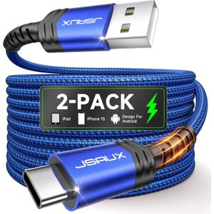 JSAUX USB C Cable [2-Pack 6.6ft], USB A to USB Cord 3.1A Fast Charging Compatible with iPhone 16/16 Plus/16 Pro/16 Pro Max/iPhone 16e/iPhone 15 Series, Samsung S20 S10 S9, Note 20 10, Car Play - Blue (6.6ft+6.6ft)