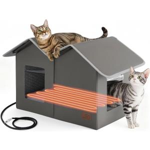 Bedsure Heated Outdoor Cat House-Extra Wide Weatherproof and Warming Feral Cat Shelter with Raised Base in Winter, Waterproof Insulated Outside Pet Hideout for Stray Kitty, 22.5x12.5x13.25inches, Grey
