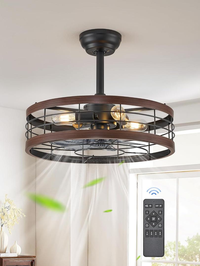 LEDIARY 20 inch Fandelier Caged Ceiling Fan with Light, Bladeless Ceiling Fan with Remote, Farmhouse Fan Lights Ceiling Fixtures for Kitchen, Bedroom, Outdoor, (6 Speed, Timing) - Walnut