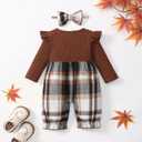 Newborn Baby Girl Plaid Outfits Long Sleeve Ruffle Jumpsuit One Piece Romper Infant Fall Winter Clothes (3-6 Months, Brown)