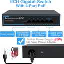 4 Port Gigabit PoE Switch with 2 Gigabit Uplink, 1000Mbps, 802.3af/at, 65W Built-in Power, Vlan, Unmanaged Metal Plug and Play, Ideal for NVR and Power Over Ethernet Security Cameras