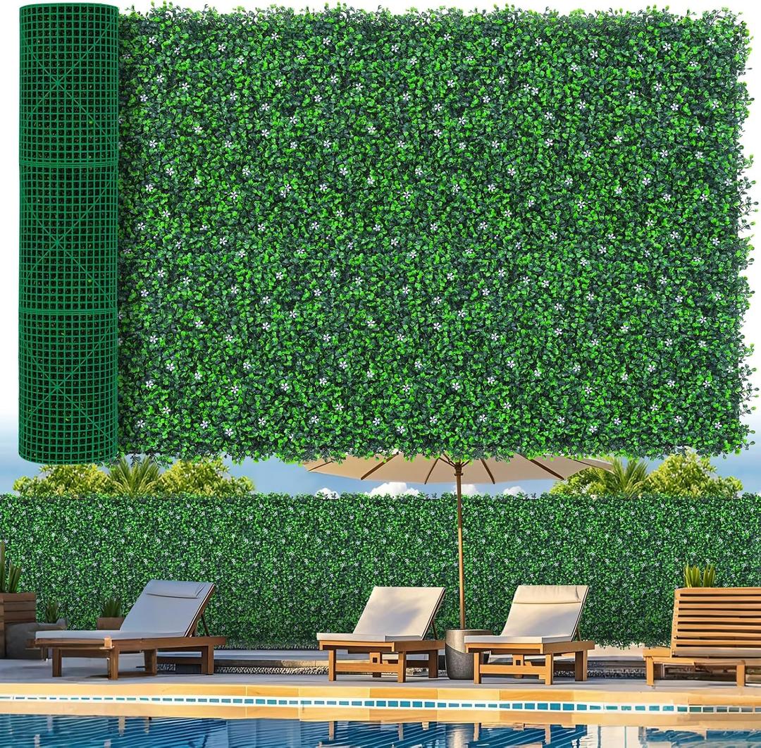 Grooy 48"x 120"(40 sq.ft) Artificial Boxwood Roll Panels with Flowers, UV-Anti Faux Ivy Leaves Privacy Fence Screen, Grass Wall Roll Panels for Indoor Home Decor and Outdoor Garden Backyard