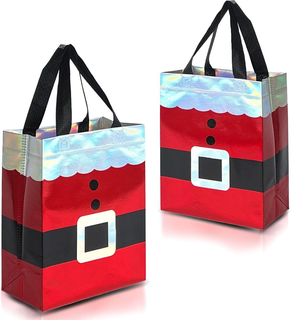 Nush Nush Christmas Gift Bags Medium Size  12 Festive Reusable Gift Bags With Holographic Santa Design - Christmas Bags, Goodie Bags, Party Favor Bags - 8 x4 x 10 Large Size