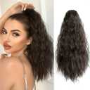 Pony Tail Extensions Wavy Claw Clip Ponytail Extension 18" Long Natural Fake Ponytails Synthetic Fluffy Natural Clips in Hair Pieces for Black Women Party Daily Use 6 Oz Darkest Brown