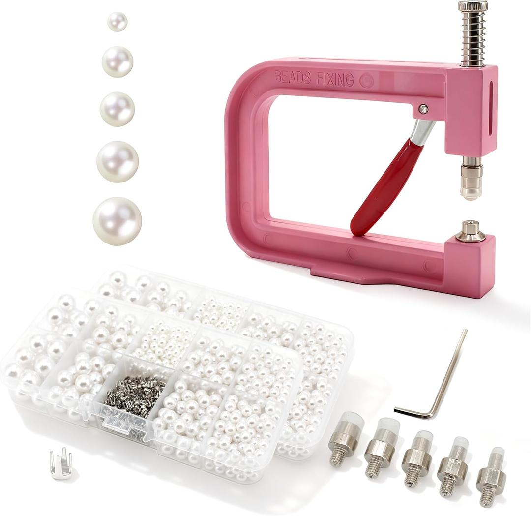Pearl Setting Machine Hand Press Tools 2 Boxes White No Holes Pearl Beads with Rivet Studs Screw Heads L Hexagon Wrench for Decorating Clothes Hat Trousers Dresses Bag Hair Band DIY Crafts (Pink)